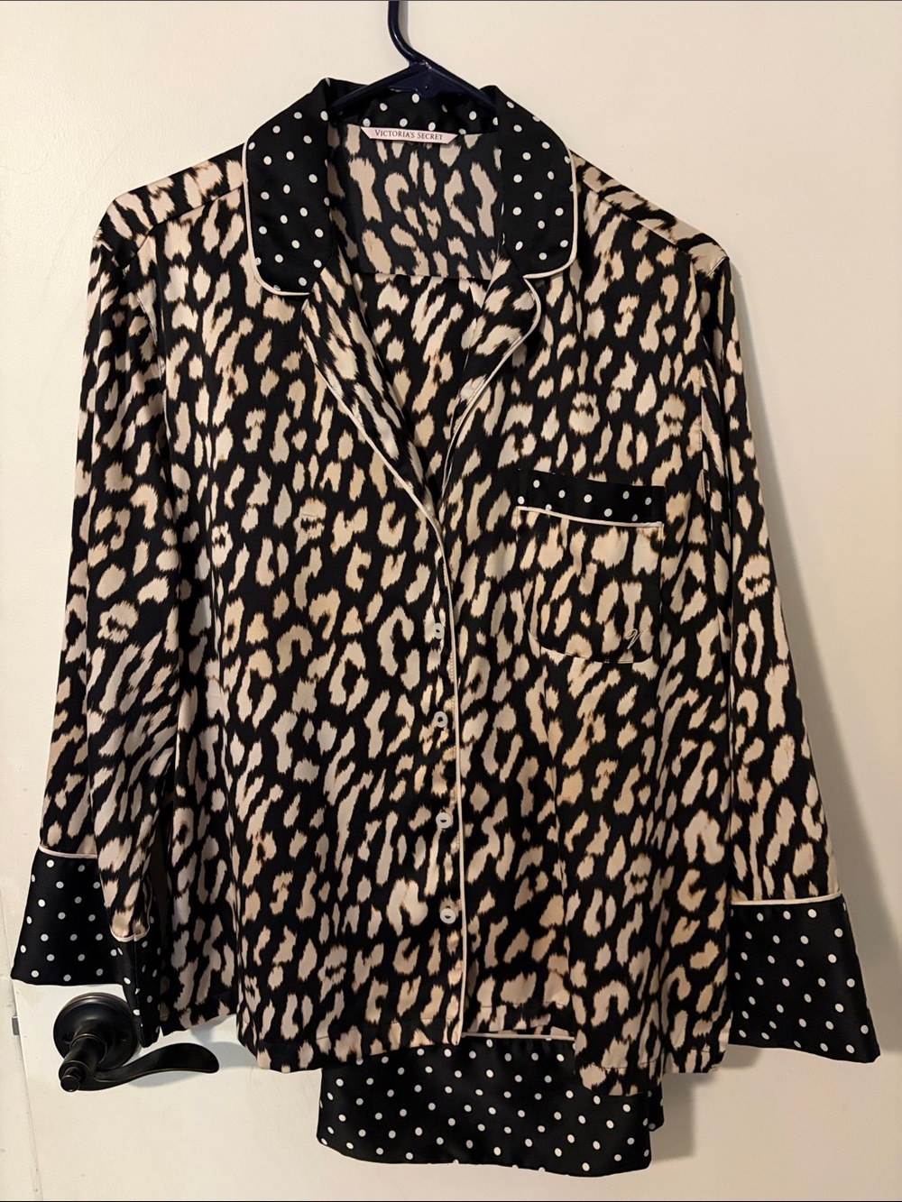 Victoria's Secret Leopard & Polka Dot Satin Pajama Top - Black & Cream